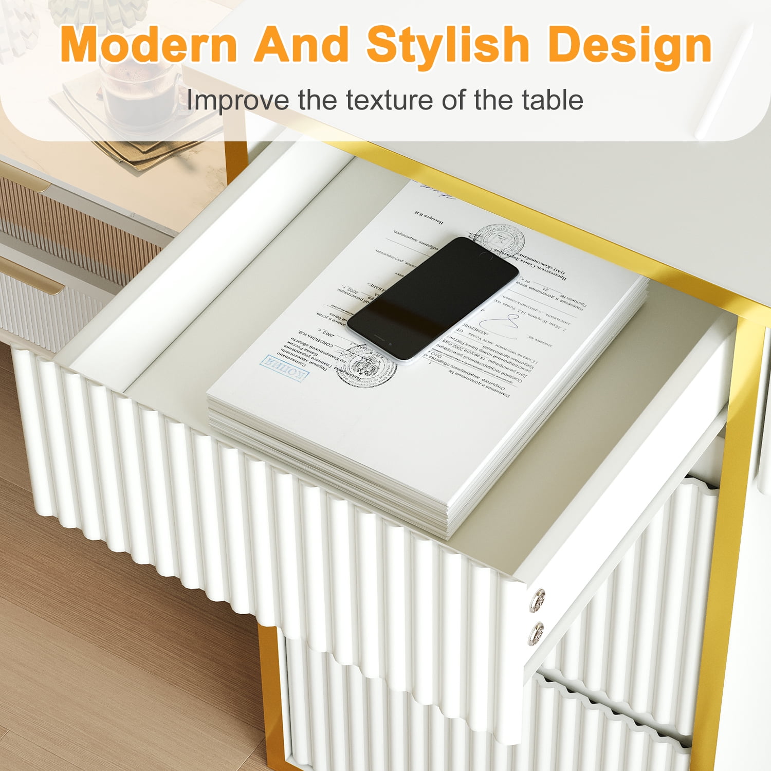 DreamCurship White Desk with Drawers, Computer Desk with Storage, Writing Desk for Bedroom, White and Gold Desk