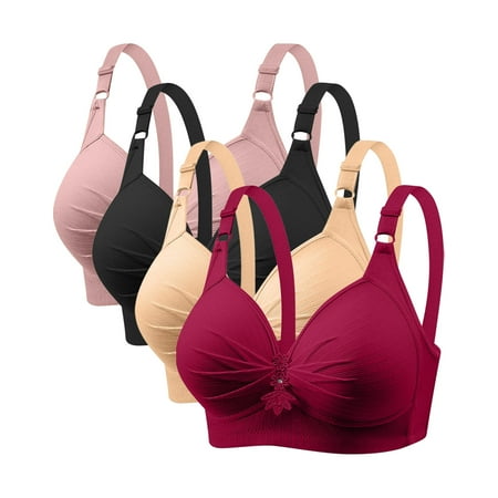 GERsome Pack of 4 Assorted Color Comfortable Full Coverage Bra for Women Wireless Bras with Soft Support Plus Size Everyday Bras 4PC#Pink/Black/Beige/Wine L