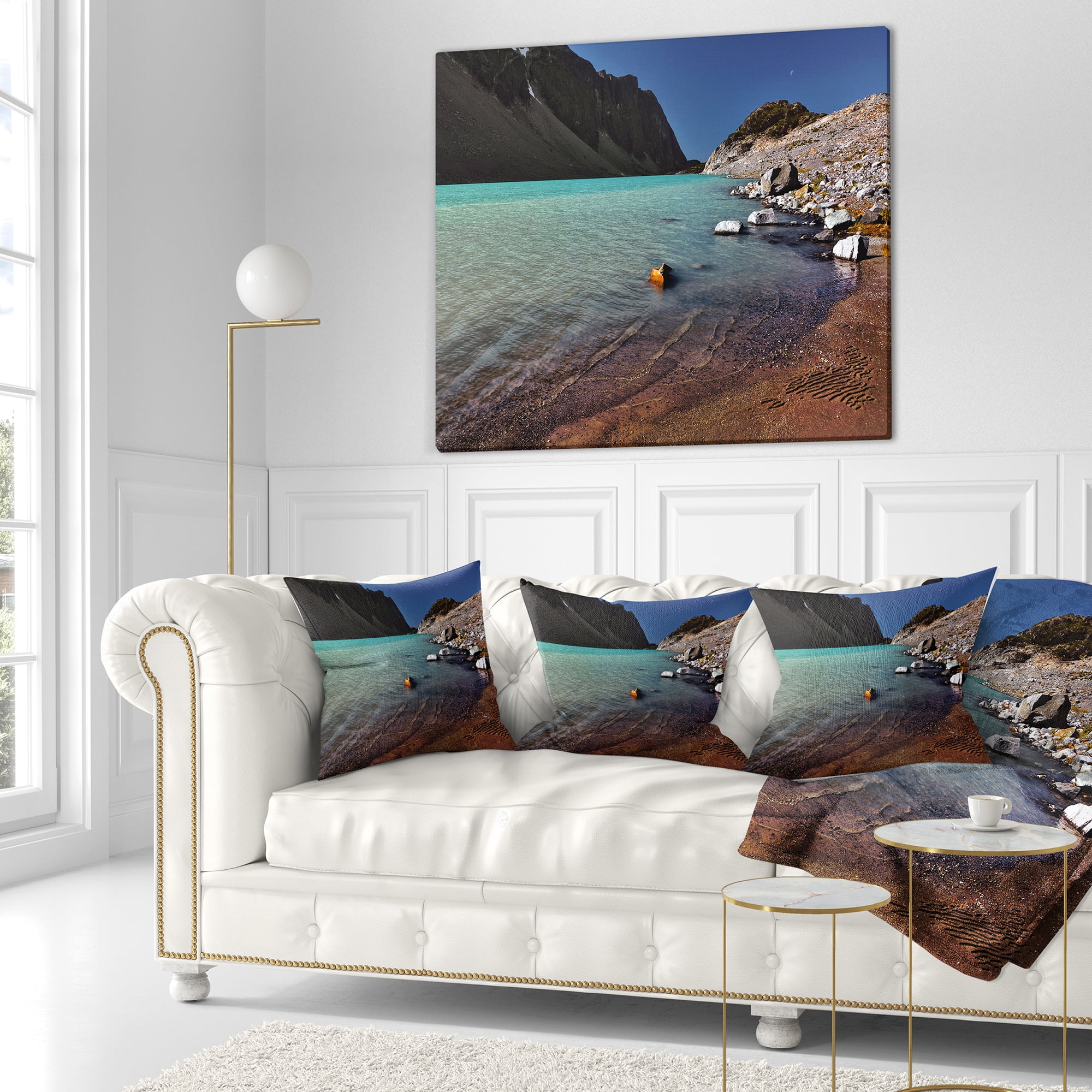 Designart Bright Blue Waters of Mountain Lake - Landscape Printed Throw Pillow - 16x16