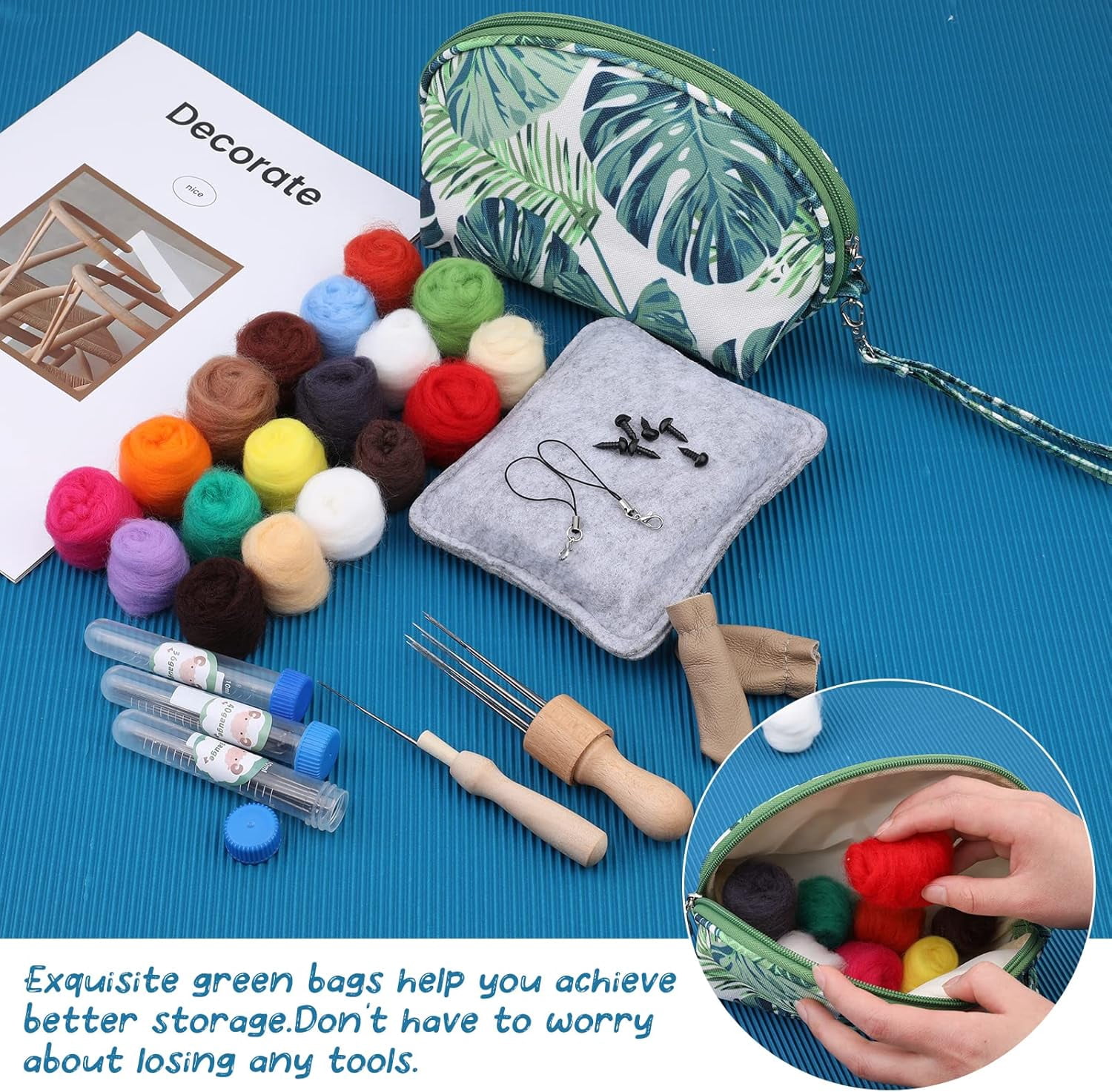 Needle Felting Starter Kit with Green Storage Bag, Wool Roving 18 Colors Set, Needle Felting Tools for Felted Animal, Wool Felt Supplies