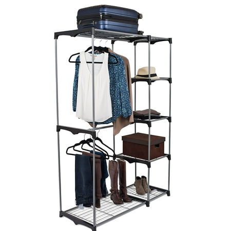 Closet Shelf And Rod Internet's Best Portable Closet Organizer | Double Rod Freestanding Garment Rack | Multiple Shelving and Shoe Rack | Wardrobe Storage ()