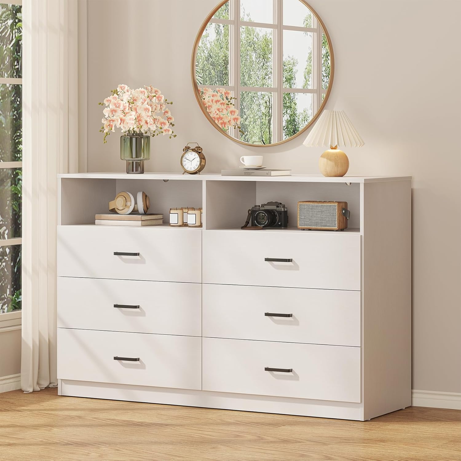 Frmobepts Wood Dresser for Bedroom, 6 Drawer Dresser with Open Storage Cubby,White