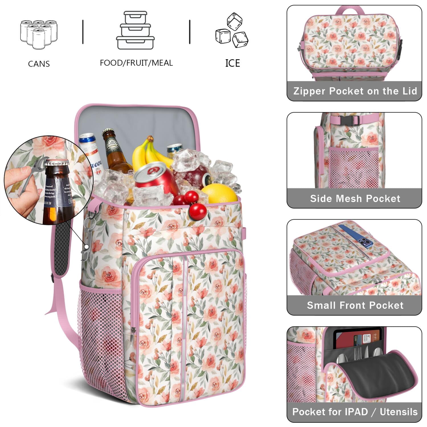 Travel Cooler Bag - Pioneer Flower Floral Print Pattern Camping Beer Cooler Backpack with Bottle Opener- Waterproof Insulated Picnic Backpacks - Cooler Bag for Beach