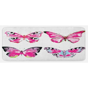 Watercolor Kitchen Mat, Butterflies Spring Season Nature Wildlife Insects Vintage, Plush Decorative Kitchen Mat with Non Slip Backing, 47" X 19", Pale Blue Black Pink, by Ambesonne