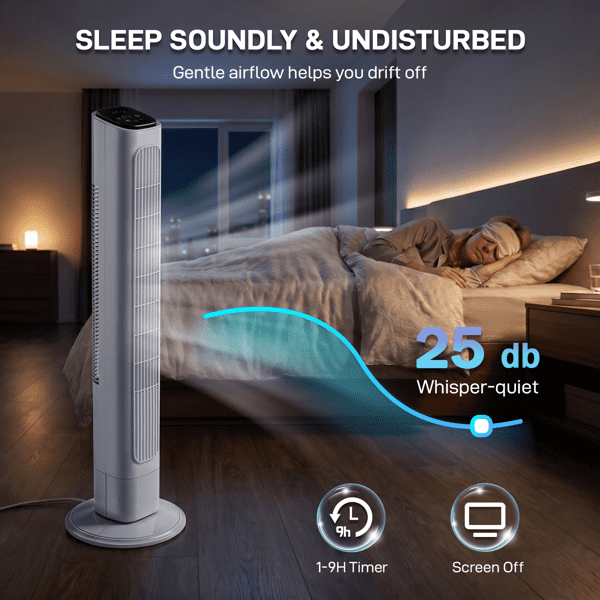 Alvantor 32-Inch White Tower Fan, Touch and Remote Control, 3 Speeds, 3 Modes, Oscillation, 9-Hour Timer