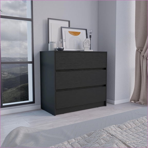 Dressers, 3-Drawer Chest | 30”W x 31”H | Sleek Modern | Black Particle Board