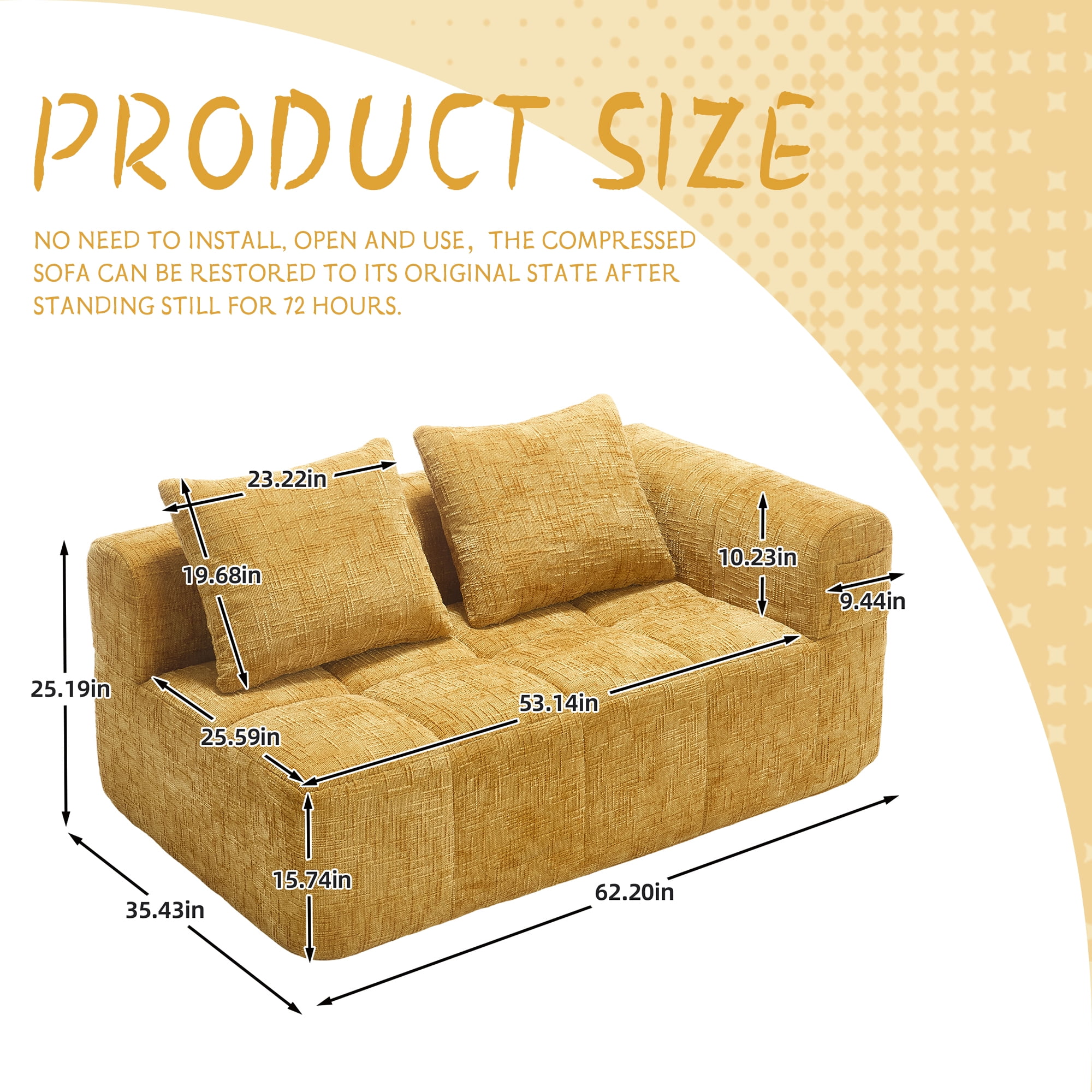 MOONMISS Chenille Upholstered Modern 2-Seater Lazy Compression Sofa with Small Side Pocket-Yellow