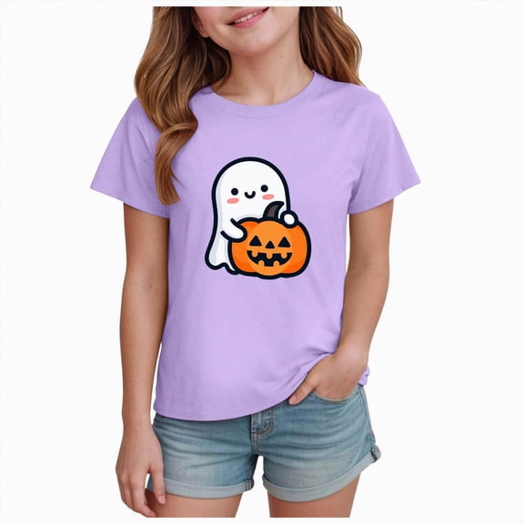 KPOPLK Halloween Shirt for Toddler Girl Pumpkin Ghost Print Crewneck Short Sleeve Tshirt for Kid Halloween Clothes Top for 1-14Years,Size 13-14 Years