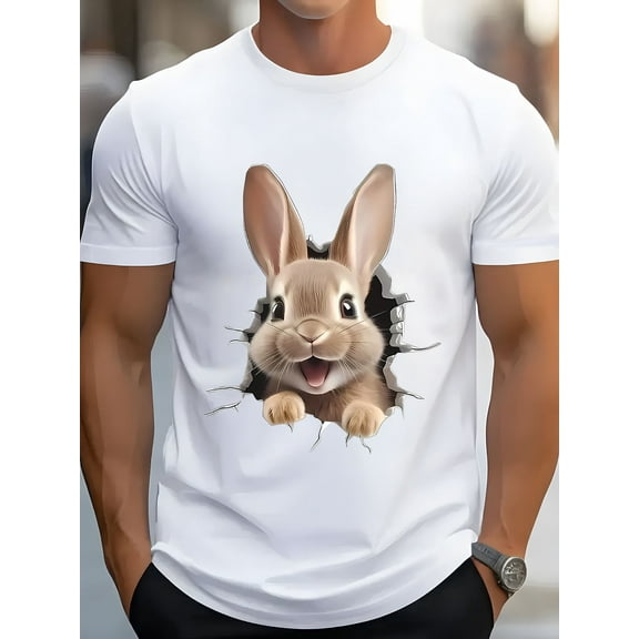 Cute 3D Graphic Bunny T Shirt Men's Cotton Tops, Sale Classic Graphic White T-Shirt White S