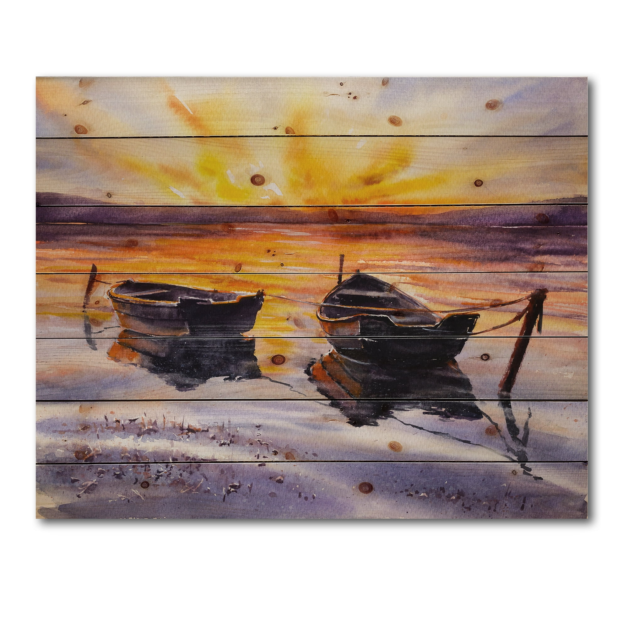Designart 'Two Small Boats Parking On The Shore and Sunset' Lake House Print on Natural Pine Wood