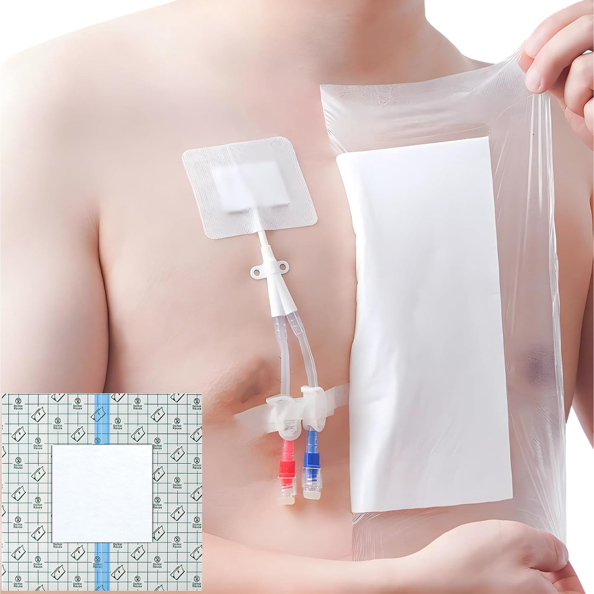 Waterproof Dialysis Catheter Shower Cover 8x8 - No Glue On The Center of The Patch, PD Peritoneal Dialysis Port Shower Protector Shield Island Bandage Dressing Patch Accessories (Pack of 25)