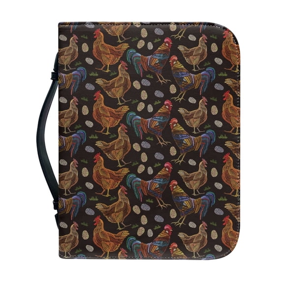 Xoenoiee Retro Rustic Chicken Pattern Faux Leather Bible Cover for Men Women, Christian Zipper Bible Case with Handle Carrying Book Cover Study Bible Tote Bag, M
