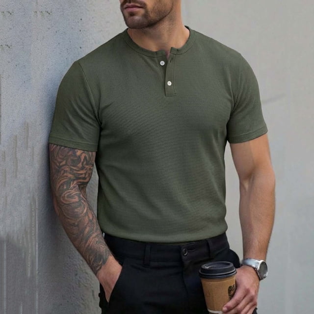 Tops para hombre, blusas y camisas de manga corta y cuello redondo para hombre, blusas casuales de color liso con mangas cortas, medio abotonadas y cuello redondo, blusas de poliéster para hombre.