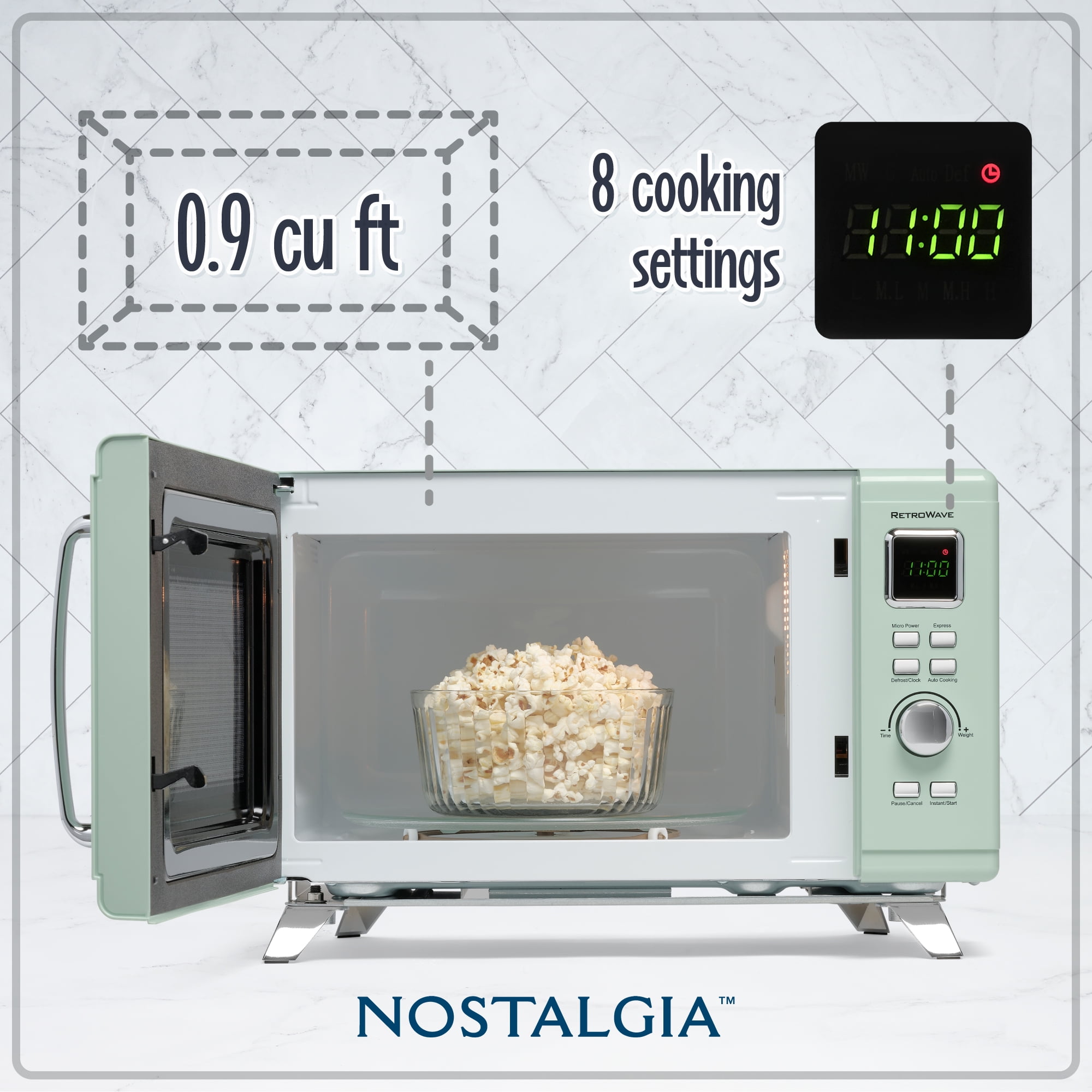 Nostalgia 0.9 cu ft Mid-Century Retro Microwave Oven, 900W Microwave Oven with Digital Clock, Seafoam Green