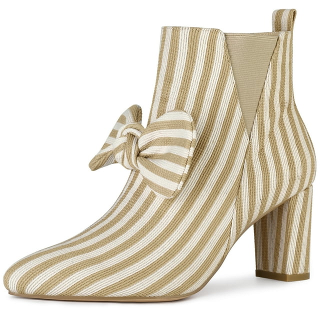 Unique Bargains Women's Pointed Toe Striped Bow Chunky Heels Ankle Boots