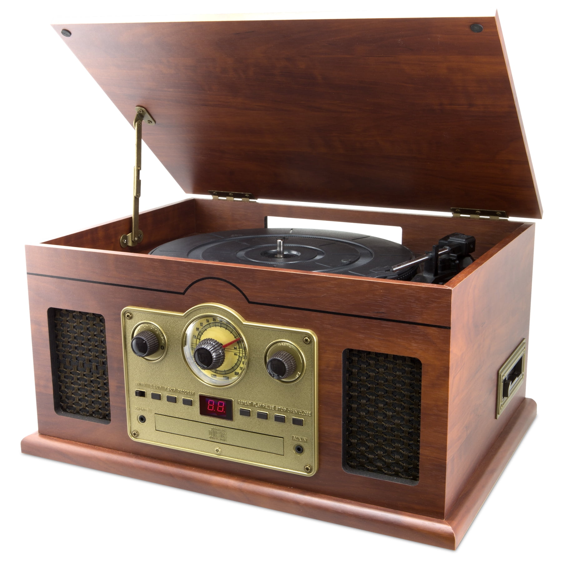 Ilive 6 In 1 Bluetooth Turntable With Cd Cassette Players And Am Fm Radio Ittb610lw Brown Walmart Com