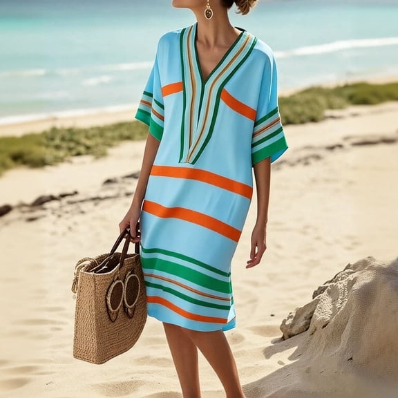 ClodeEU Women's Linen Blend Striped Print V Neck 3/4 Sleeve Dress ,Loose Fit Casual Vacation Maxi Dress Mint Green,Womens Plus L
