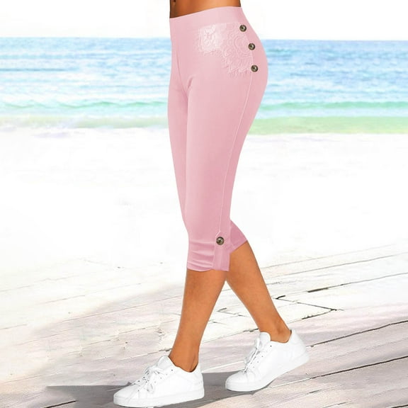 Qeaghou Women's Capris Knee Length Capri Leggings High Waisted Stretch Casual Summer Lace Yoga Workout Exercise Cropped Pants S-3xl