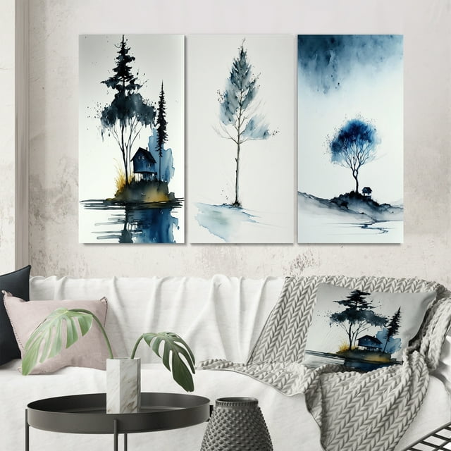 Designart "Blue Watercolor Tree by Rural Cottage II" Landscape Forest Wall Art Set Of 3 - Forest Blue Canvas Set For Living Room Decor