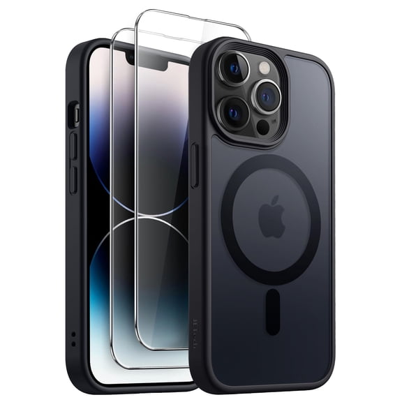 JETech 3 in 1 Magnetic Case for iPhone 14 Pro 6.1-Inch with 2-Pack Tempered Glass Screen Protector, Compatible with MagSafe, Translucent Matte Back Shockproof Phone Cover (Black)