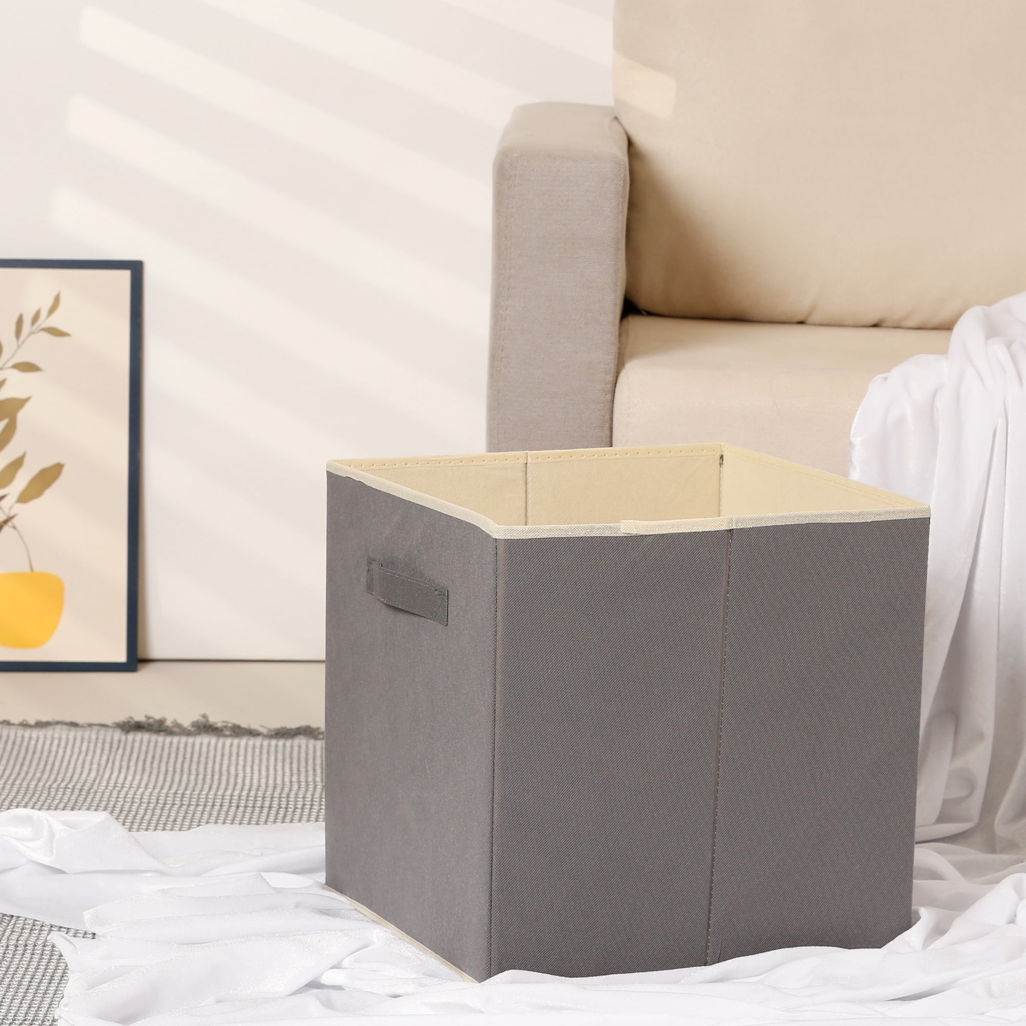 Unique Bargains 3 Pcs Square Fabric Collapsible Storage Basket Bin with Handle Grey L
