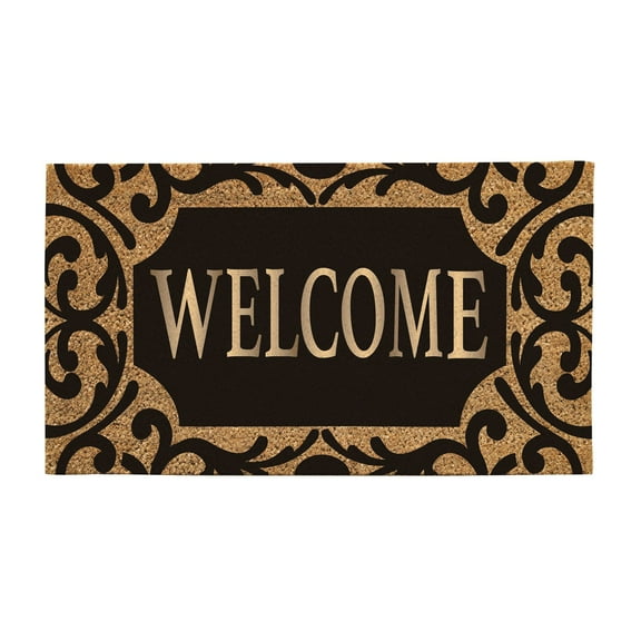 Evergreen Scroll Metallic Welcome Rubber Inset Indoor Outdoor Natural Coir Doormat 16x28 Black