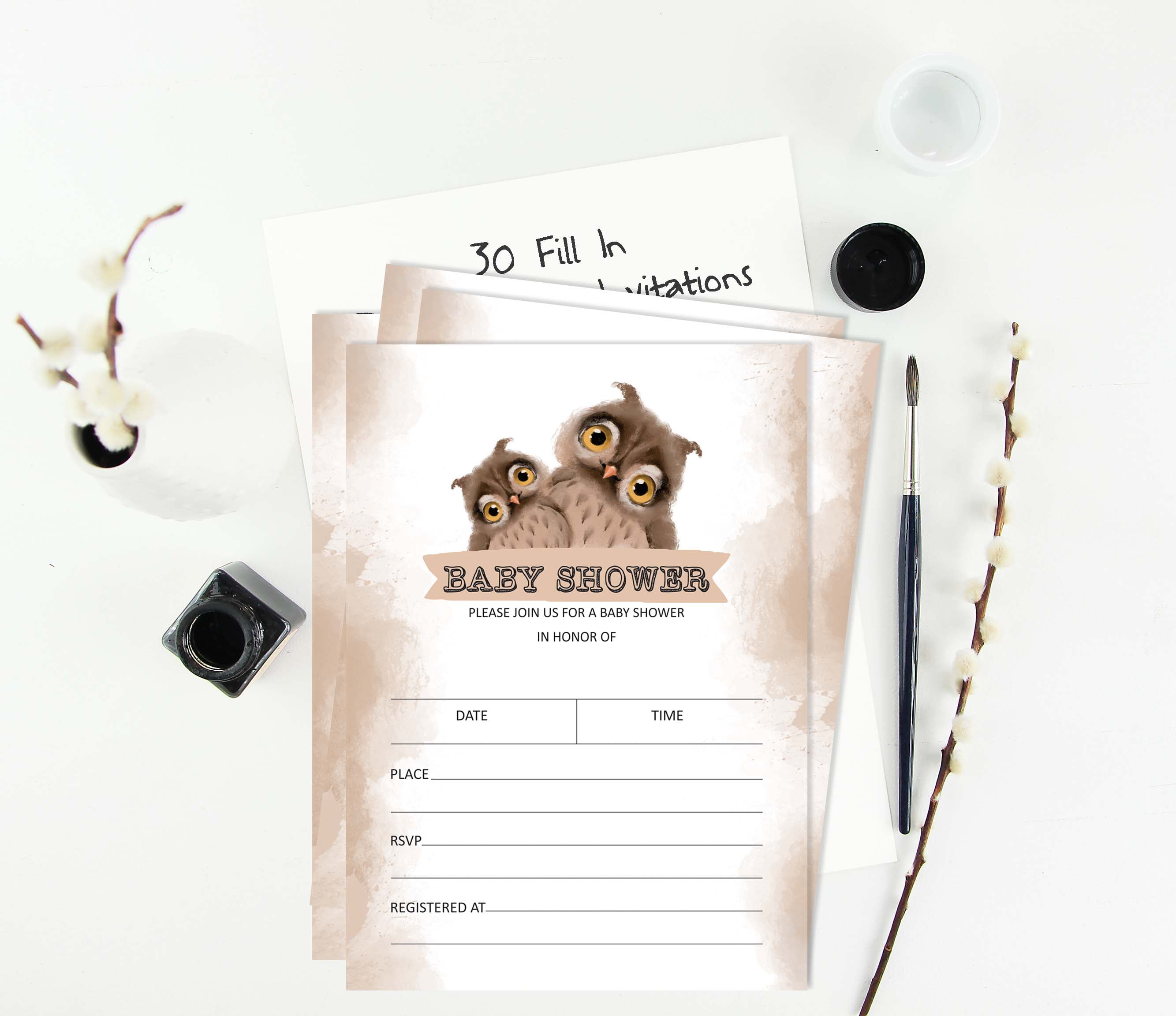 Inkdotpot 30 Fill In StyleBaby Shower Invitation Cards Owl Bird Blank Invites