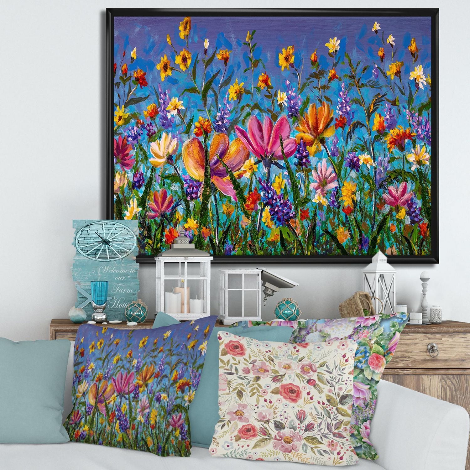 Designart Marguerites et fleurs sauvages dans le champ de jardin d'été I ART MURAL À CADRE FLOTTÉ