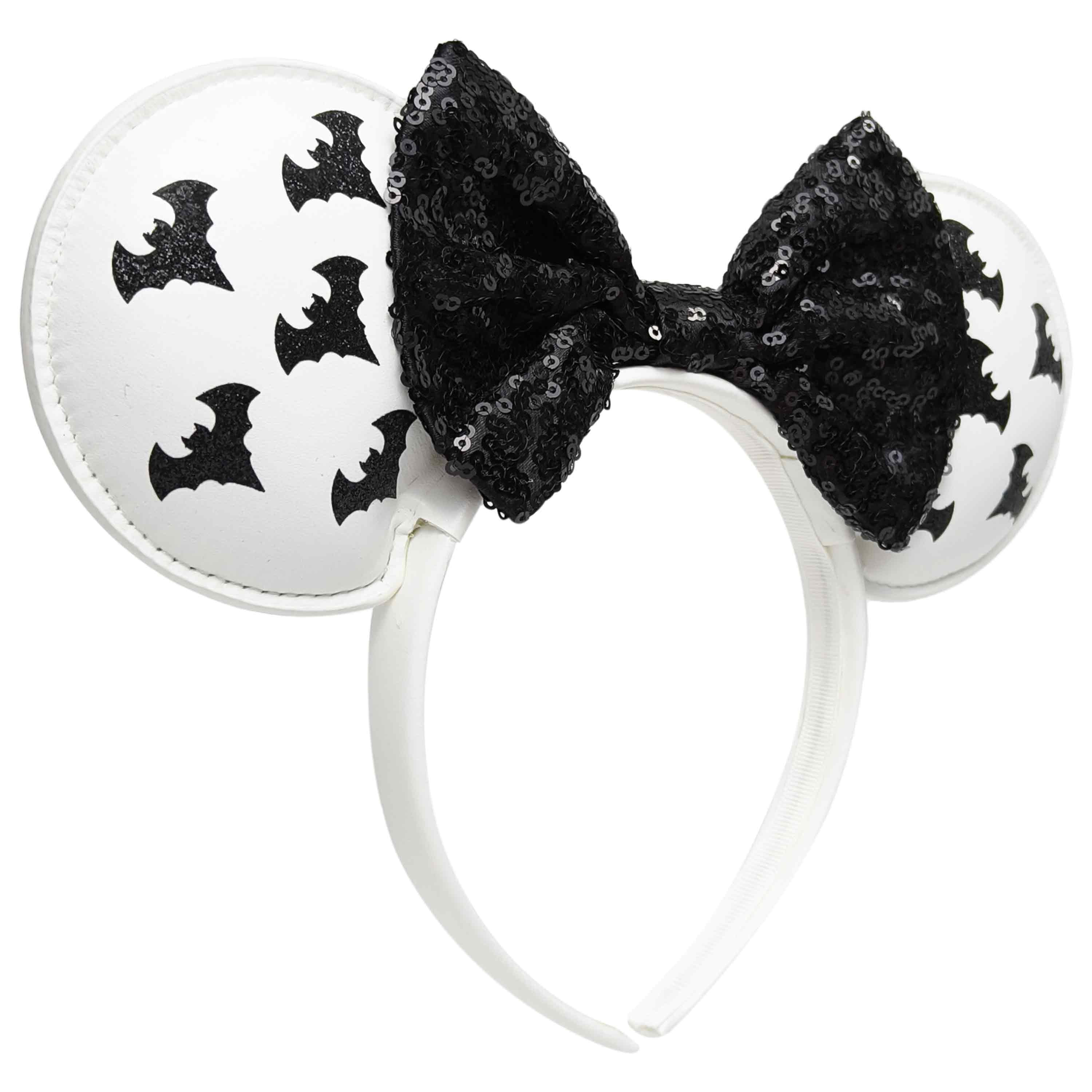 Disney Minnie Mouse Halloween White Faux Leather Bat Ears with Black Sequin Bow