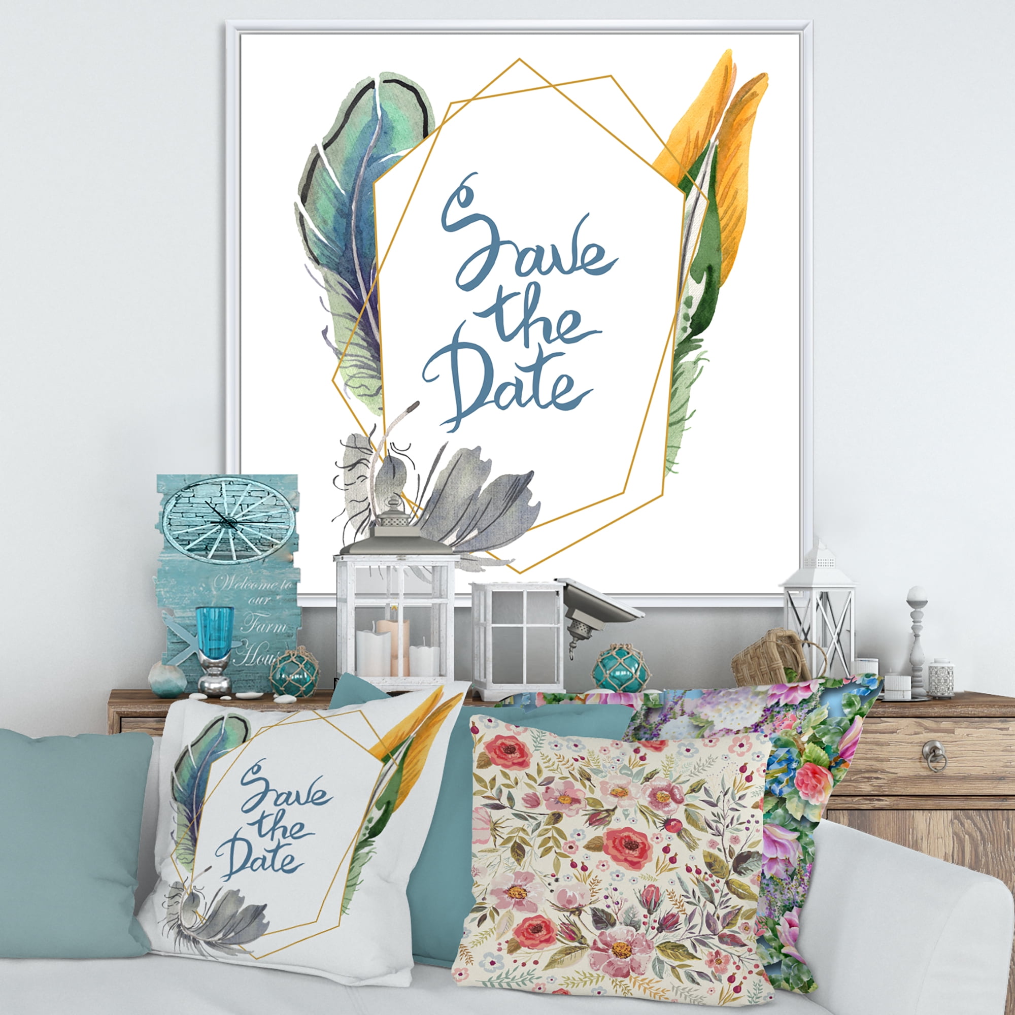 Designart 'Save The Date Bird Blue Feather' Bohemian & Eclectic Framed Canvas Wall Art Print