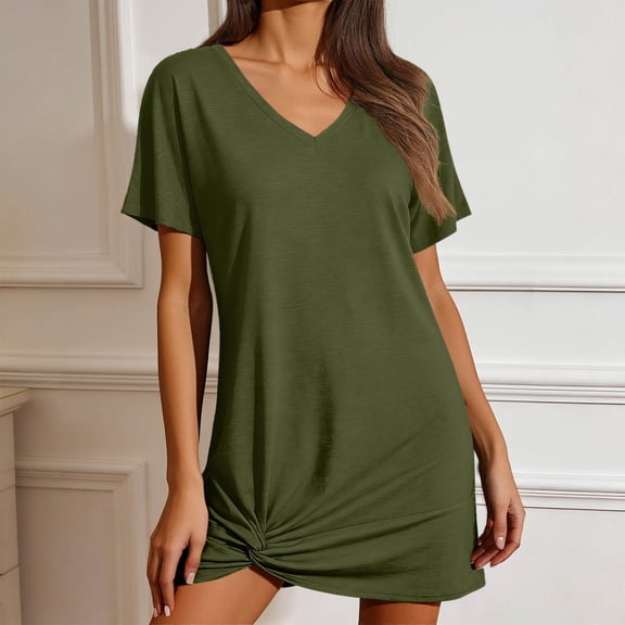 ClodeEU Women's Solid Color V Neck Short Sleeve Beach Cover Up Dress,Casual Summer Swimwear Bikini Cover Up Dress Army Green,Women's Plus L