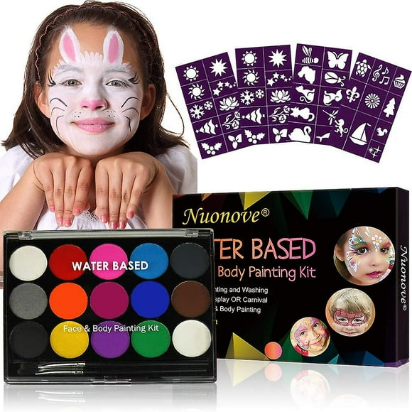 Face Paint Kit For Kids, Face Paints, Face And Body Painting, With 2 Professional Brushes, 15 Colors, 40 Tattoo Templates