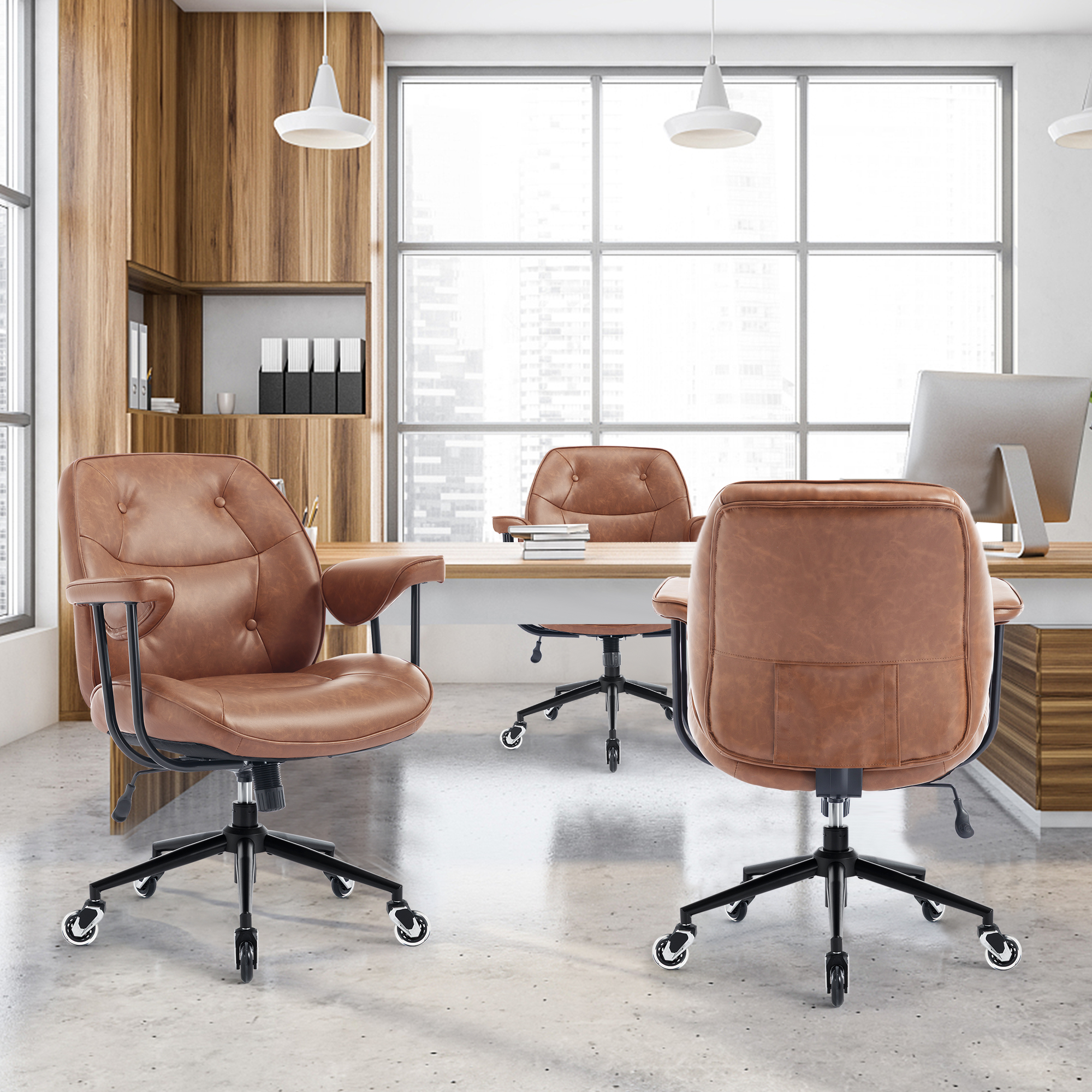 Mid Century Modern Office Desk Chair with Wheels and Arms, Mid Back Ergonomic Office Chair with Lumbar Support, Swivel Leather Computer Desk Chair for All Day Comfort