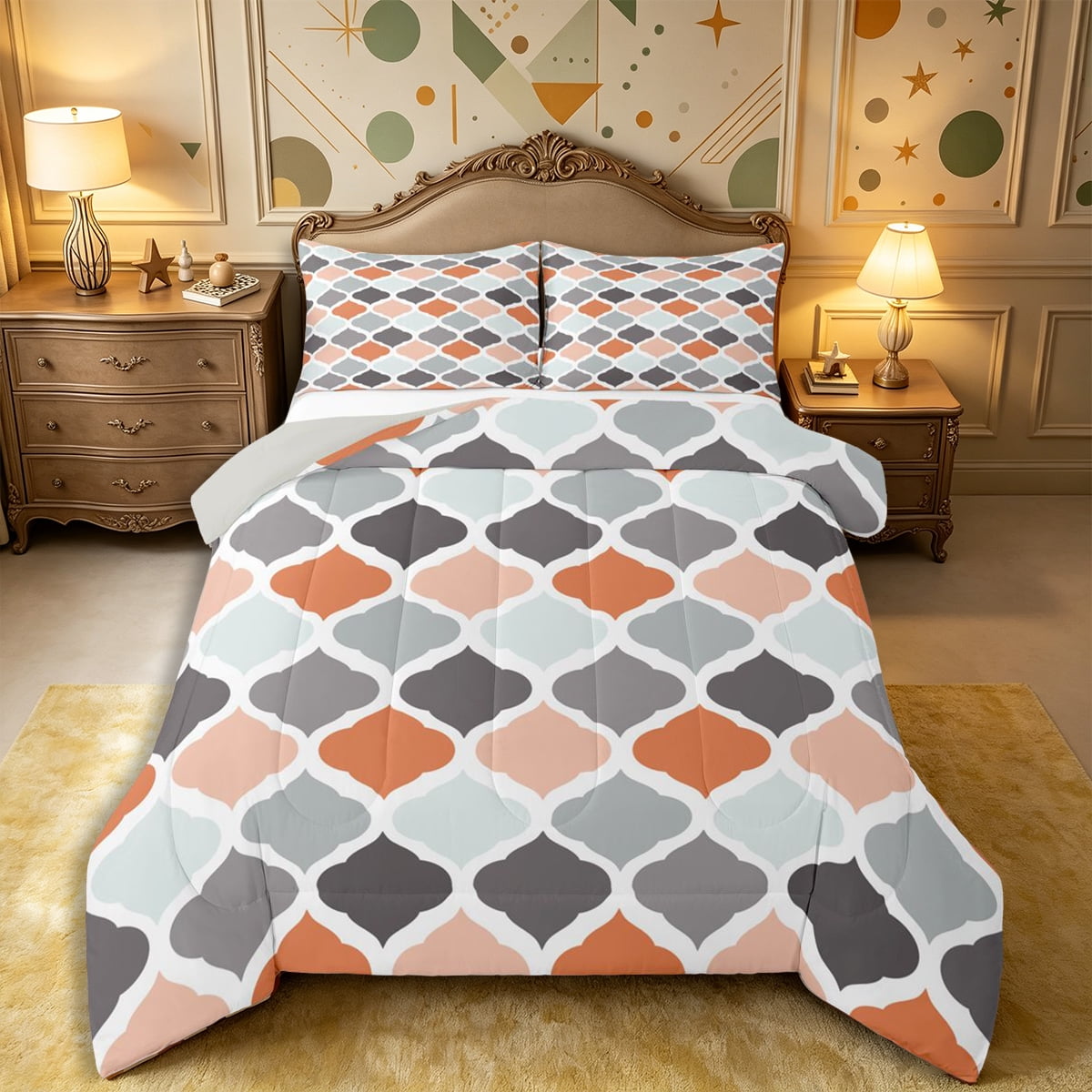Castle Fairy Abstract Geometric Quatrefoil Full Size Comforter Sets 3-Piece Mid Century Grid Motif Bedding Comforter Set Terracotta Gray Mint Reversible 1 Comforter and 2 Pillowcases