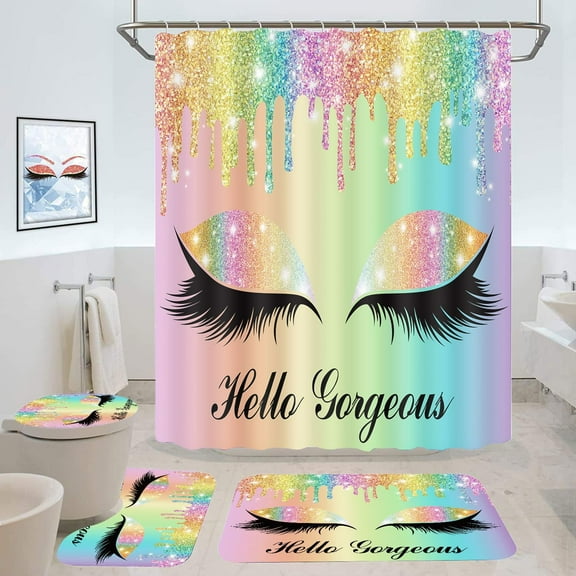 Hello Gorgeous Shower Curtain Set, 4PCS Grey Bathroom Sets with Silver Glitter Eyelash Twinkle Drips Shower Curtains, Bath Rug, Toilet Lid Cover & U Shaped Mat, 12 Hooks, SETLSGU12