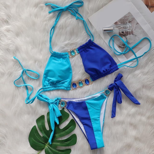 Trajes de baño Amzcrzy Tankini para mujer, trajes de baño, trajes de baño, bikini, traje de baño de color sólido para mujer + bañador y bikini de moda, traje de baño dividido azul, M