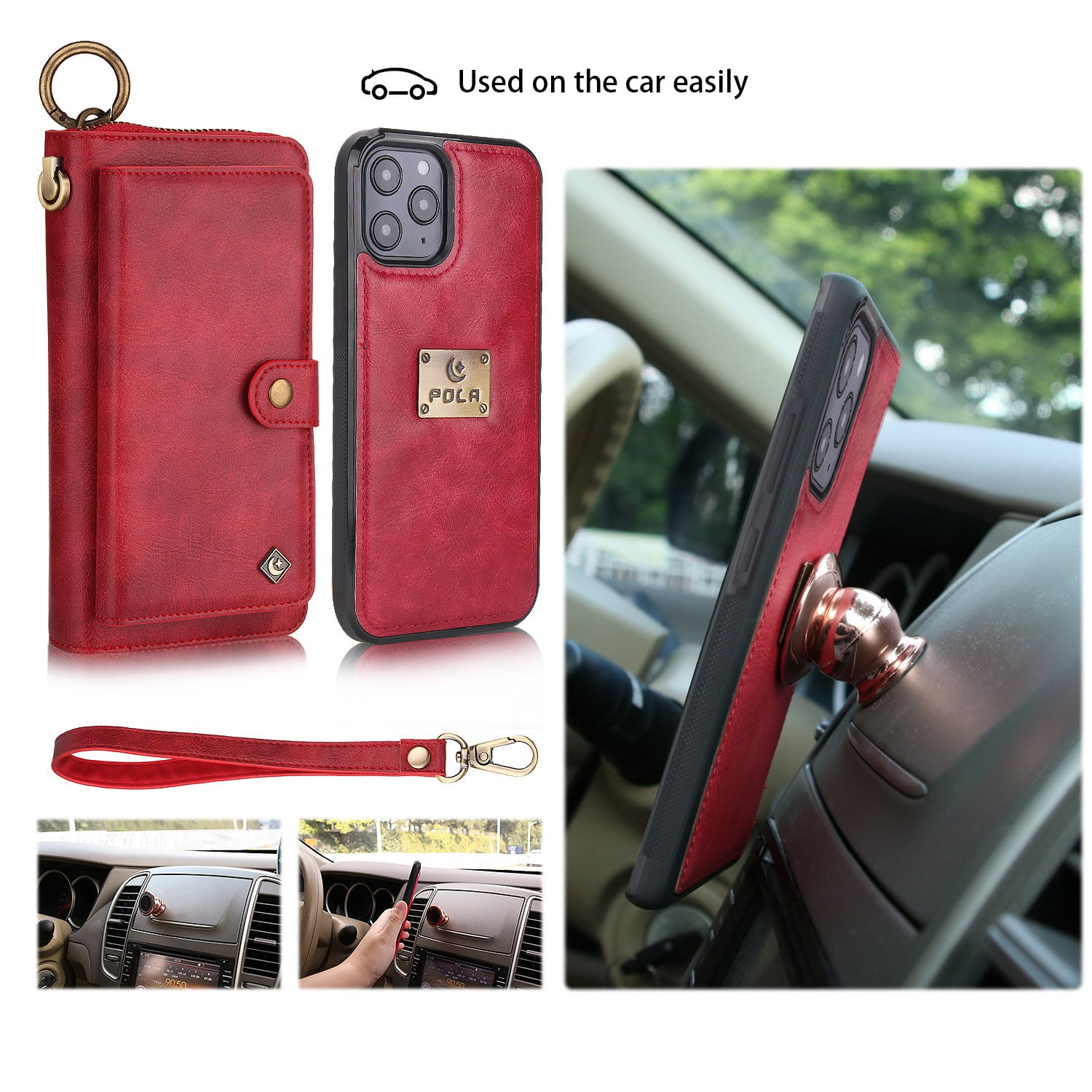 Feishell iPhone 13 Case, Premium Leather Folio Removable Wallet Case Zipper Coin Pouch Cover with Zip Purse ID Credit Card Holder & Detachable Magnetic Case For Apple iPhone 13, Red