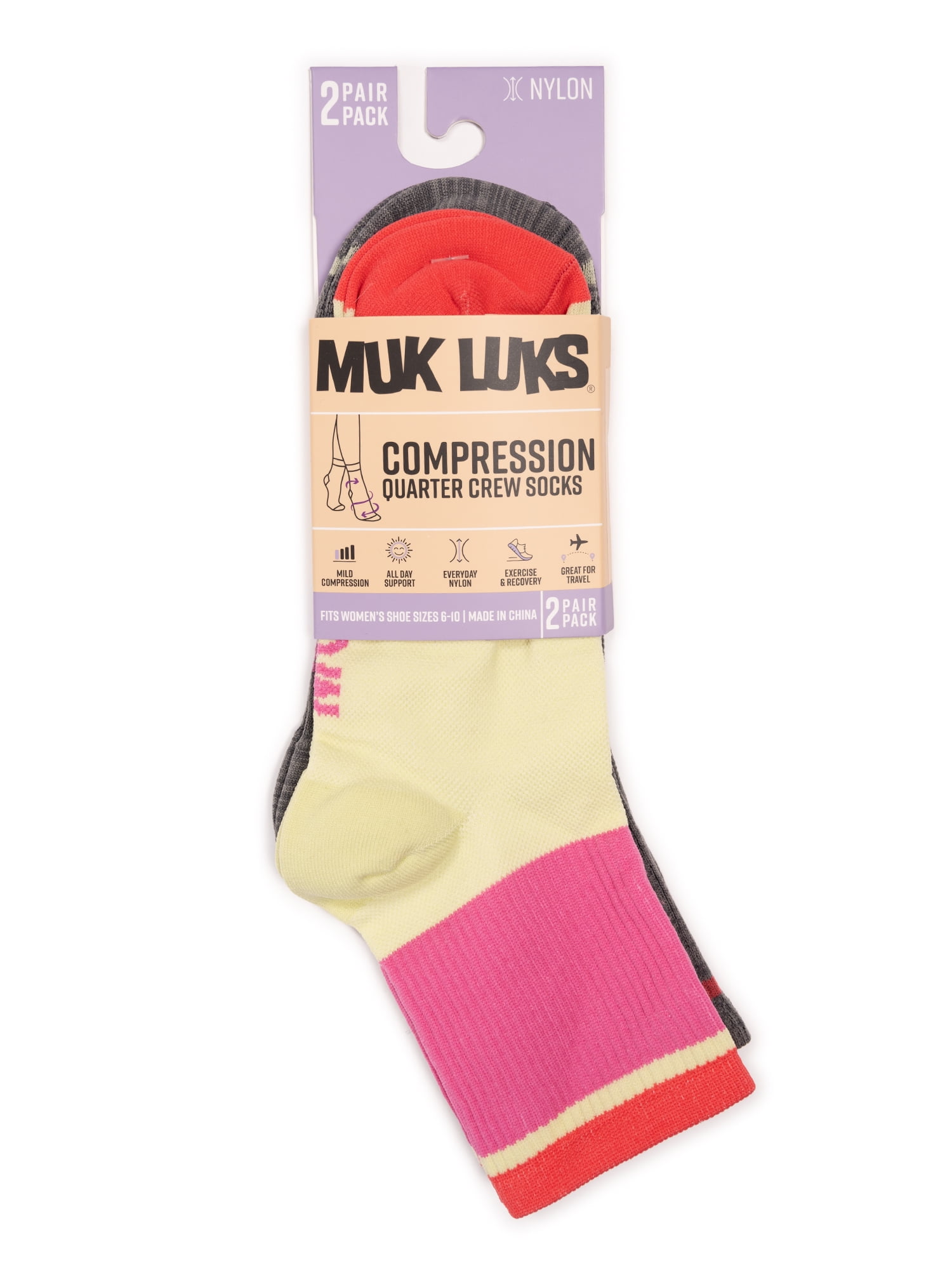MUK LUKS Women's Compression Nylon Quarter Crew Socks, 2-Pack, Shoe Sizes 6-10