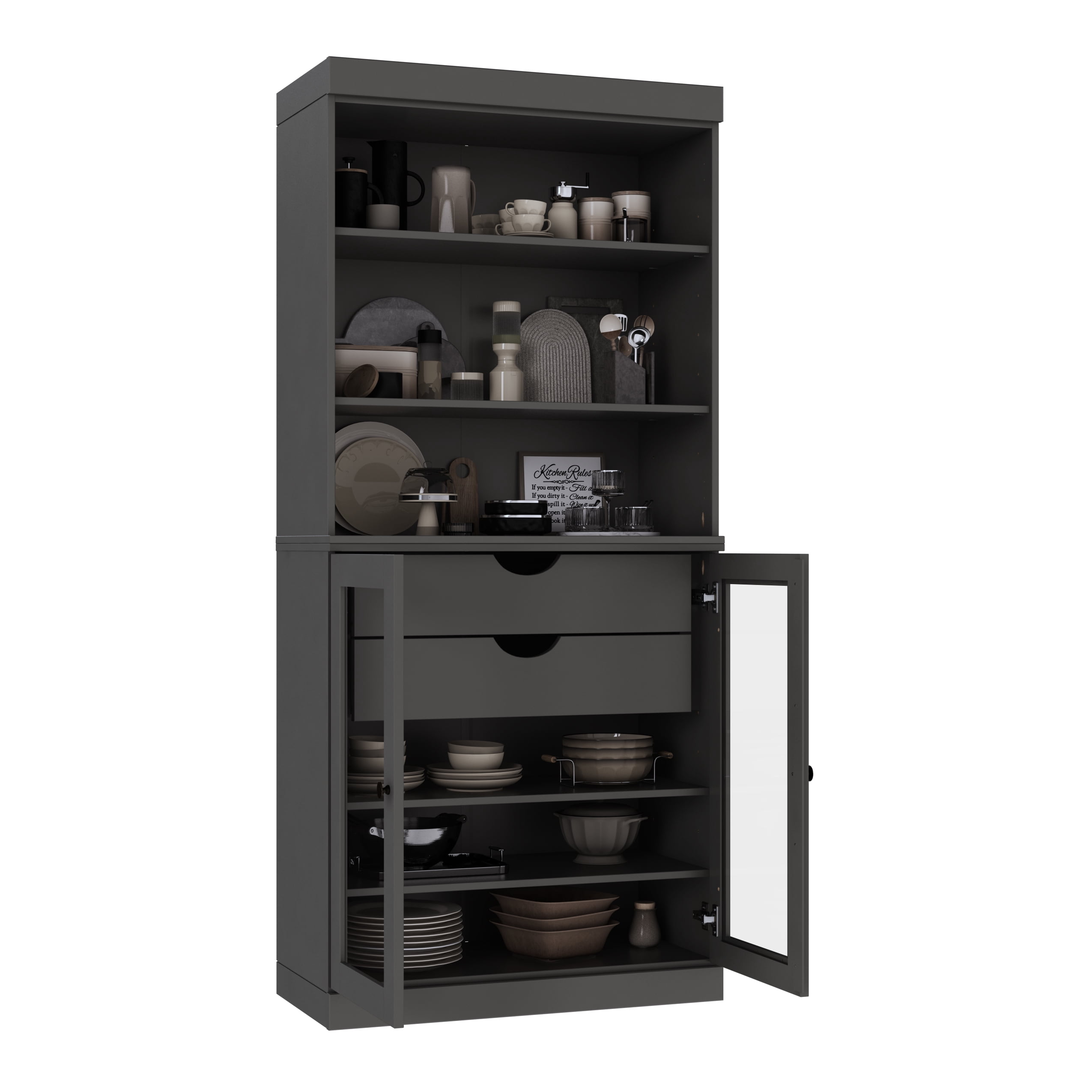 Palace Imports 100% Solid Wood 32" Kitchen Pantry Storage Cabinet with Glass Doors, Adjustable Shelves and 2-Drawers, Gray