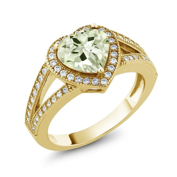 Gem Stone King 18K Yellow Gold Plated Silver Ring Heart Shape Prasiolite and Moissanite (2.04 Cttw) (Size 9)