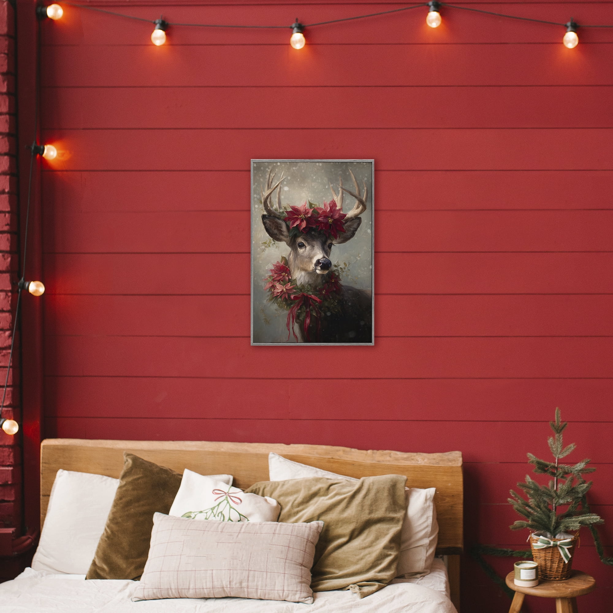 Stupell Industries Poinsettia Christmas Deer Gray Framed Giclee Art, design by Tina LeCour