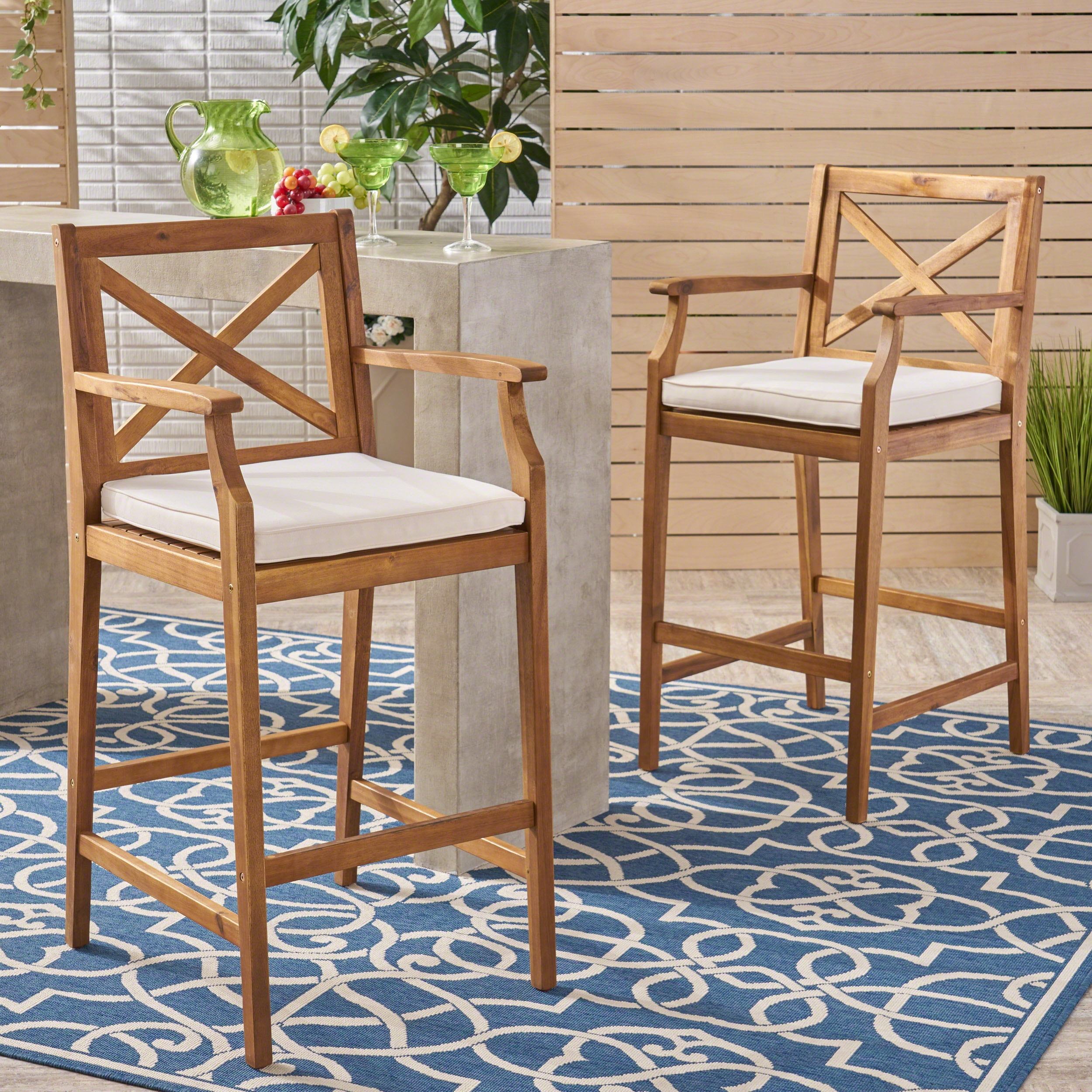 Outdoor Acacia Wood Bar Stool Set of 2, Comfort Height Seats for Patio Bar, Teak and Cream