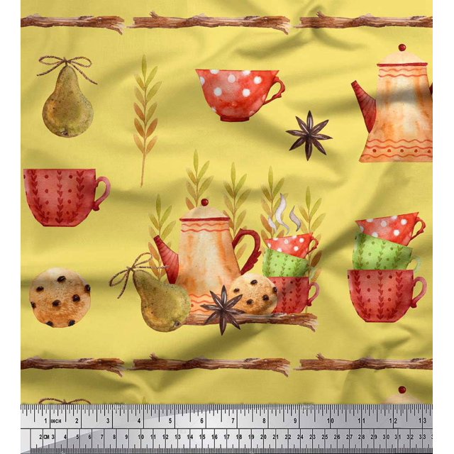 Soimoi Yellow Heavy Canvas Fabric Kettle & Cups Kitchen Printed Fabric 1 Yard 58 Inch Wide