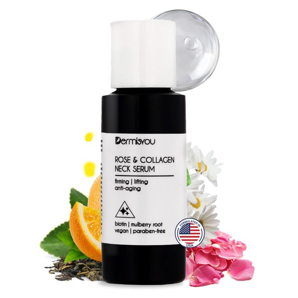 Suero antiarrugas para el cuello con agua de rosas y colágeno | Vitamina C y E Biotina de raíz de morera | Cuello Estiramiento De La Piel Reafirmante Levantamiento Hidratante | Vegano Sin Alcohol Sin