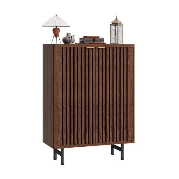 6-Tier Shoe Cabinet with Louver Doors Wooden Shoe Storage Organizer Farmhouse Entryway Furniture Walnut