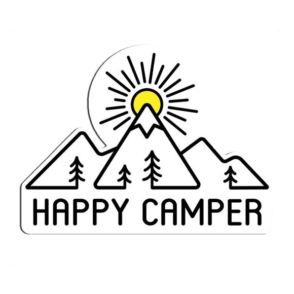 Happy Camper Autocollants de Randonnée et Nature pour Votre Voiture, Ordinateur Portable, hyrdroflask. Art de Camping en Montagne, Autocollant en Vinyle Imperméable et Lavable au Lave-Vaisselle (4.5 Pouces Grand)