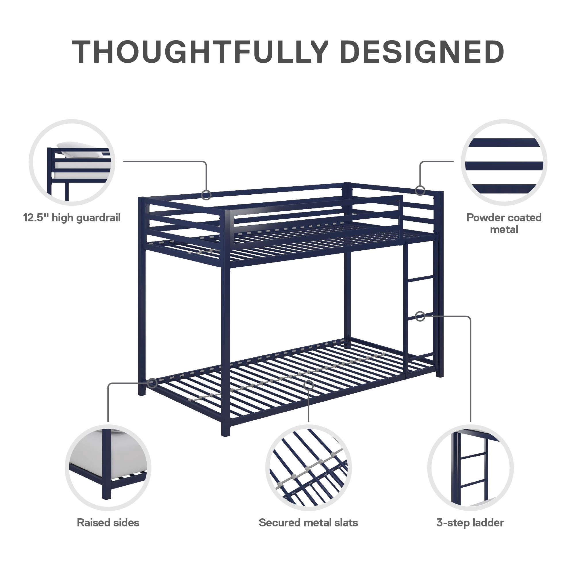 DHP Miles Low Bunk Bed for Kids, Twin Over Twin, Blue