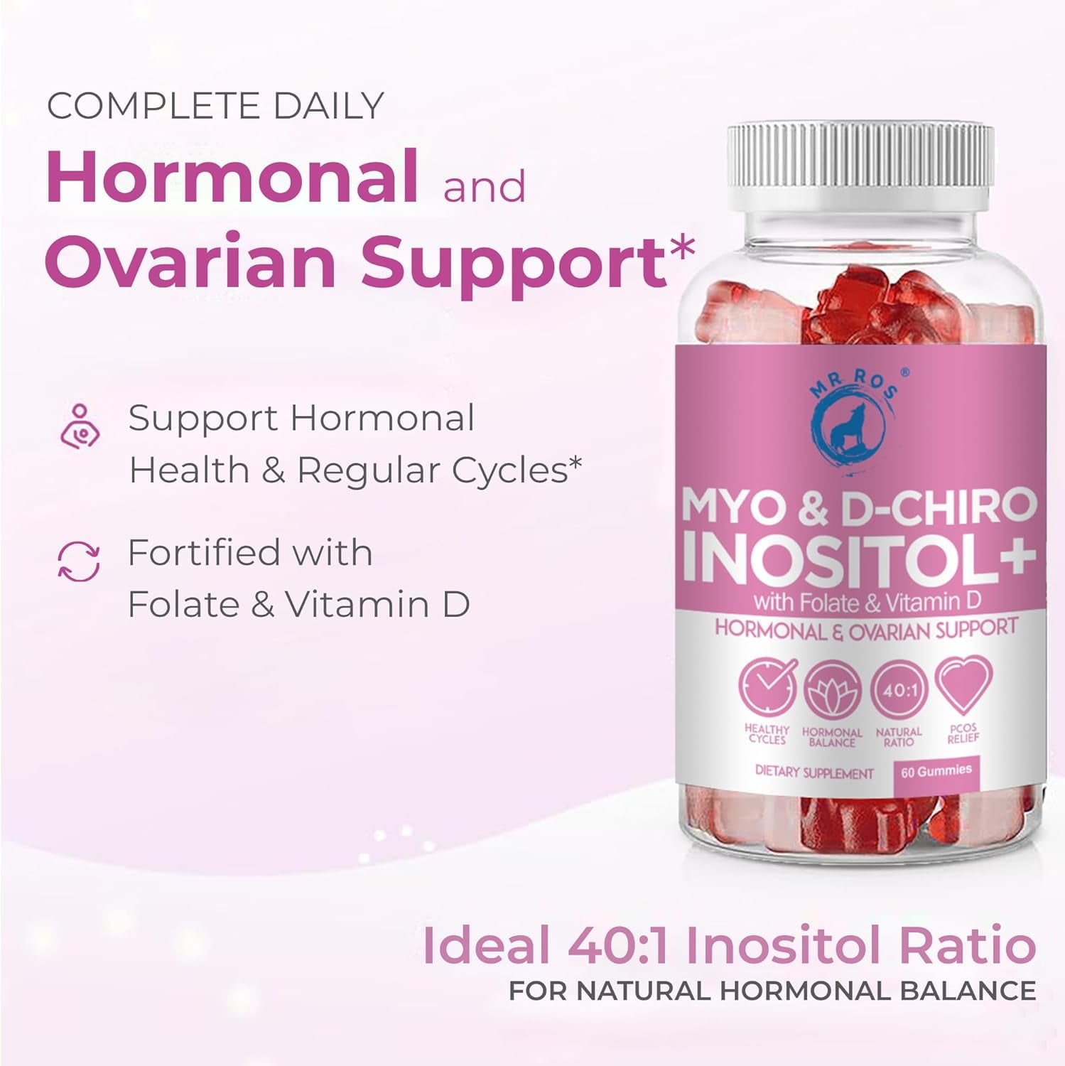 MR ROS PCOS Inositol Gummies Strawberry Flavor, Myo & D-Chiro Inositol 40:1 Ratio, 60 Gummies