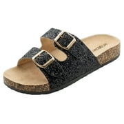Roxoni Women's Gliters Comfort Flat Sandals Double Buckle Adjustable Straps Flat Slides Footbed Suede