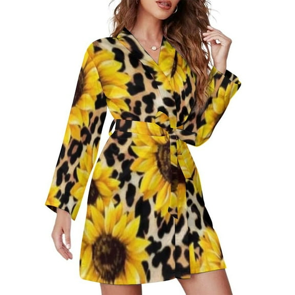 Leopard Sunflower Night Robe Long Sleeve V Neck Robe With Belt Women's Sleepwear Dresses